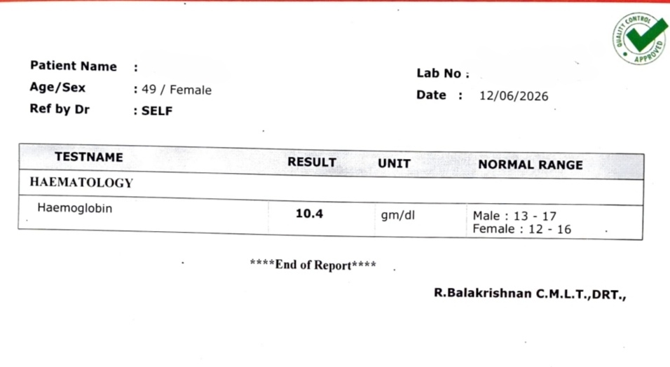 Repeat lab report dated 12 June 2026 showing haemoglobin at 10.4 g/dL for a 49-year-old woman