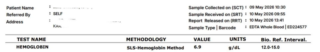 Chellammal's baseline lab report dated 10 May 2026 showing haemoglobin at 6.9 g/dL against a reference range of 12.0 to 15.0