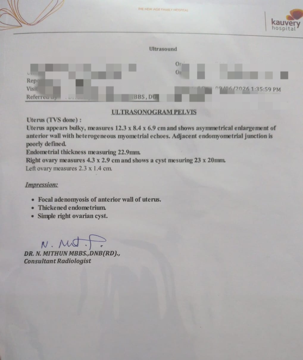 Pelvic ultrasound report showing a bulky uterus with focal adenomyosis of the anterior wall, endometrial thickness of 22.9 mm, and a simple right ovarian cyst