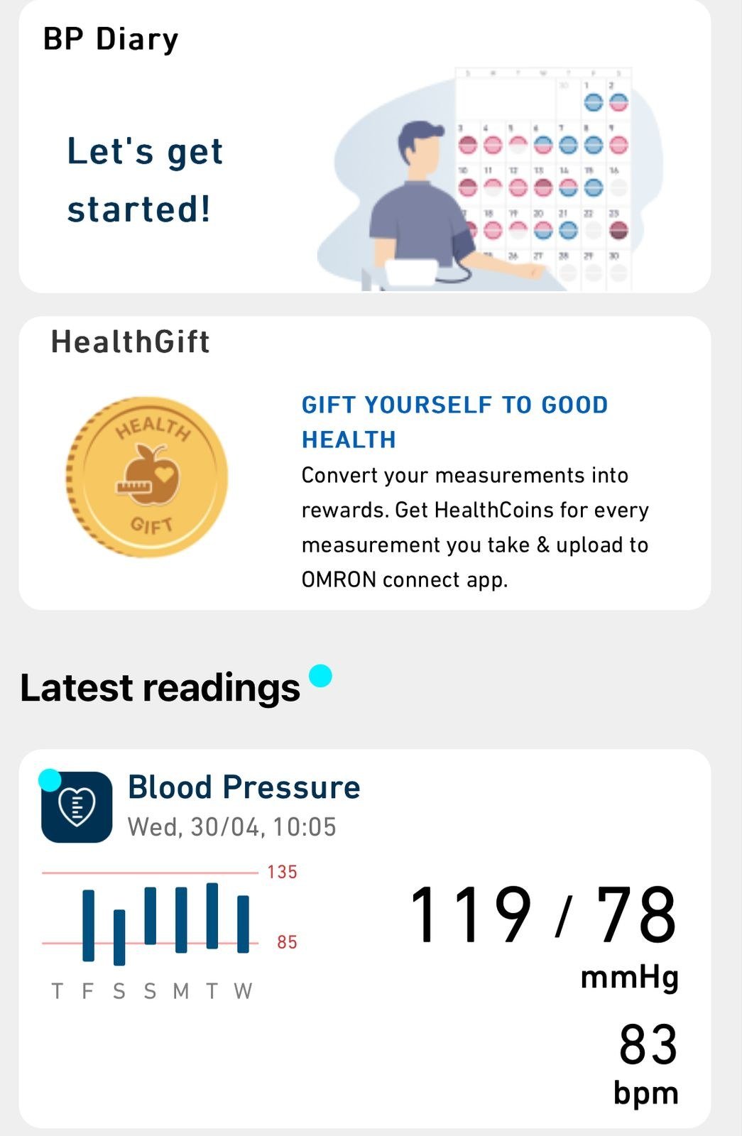 Omron BP app showing latest reading at 119/78 mmHg with heart rate 83 bpm, within normal range