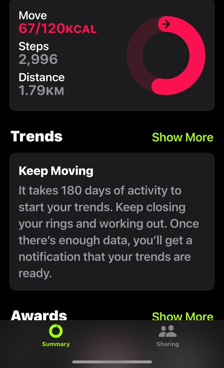 Apple Health summary showing 2,996 steps, a few weeks in