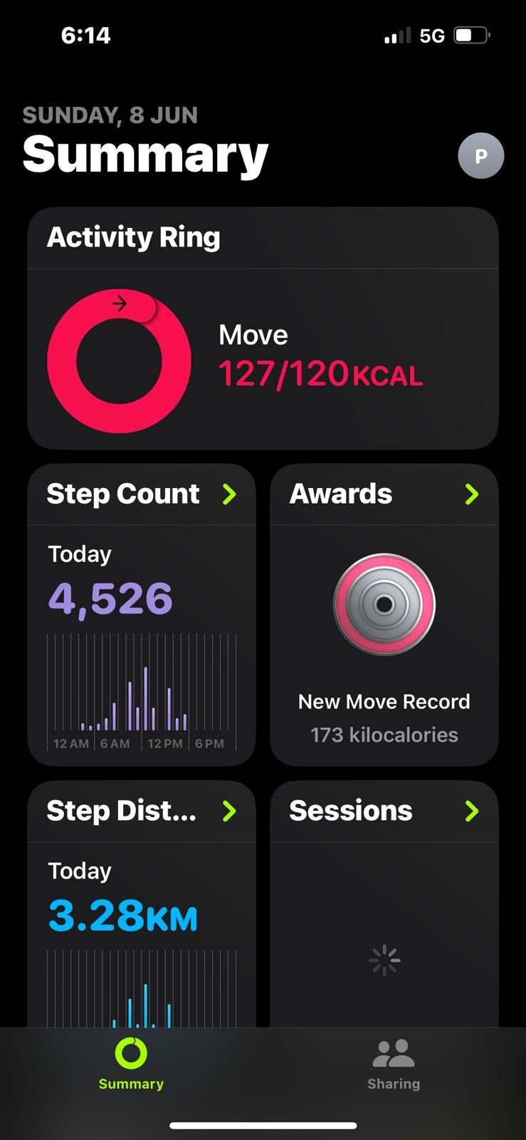 Apple Health summary showing 4,526 steps with a New Move Record award, marking a personal milestone